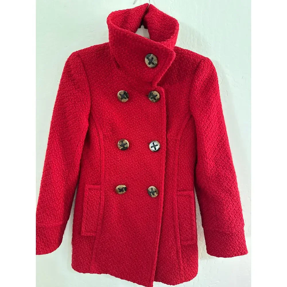 Trina Turk Red Boucle Wool Pea coat -Size 2